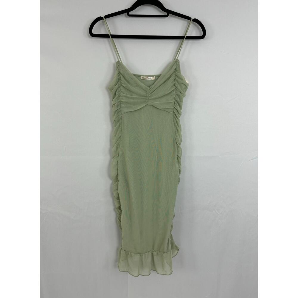 Heart & Hips Women’s Sage Green Ruched Dress Size M Ruffle Hem Sleeveless Midi
